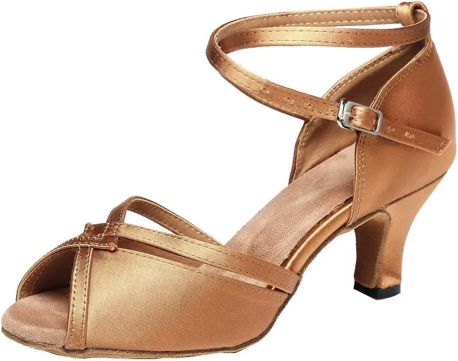 JUODVMP Women Ballroom Dance Shoes Salsa Latin Shoes Heels Peep-Toe Modle YCL350