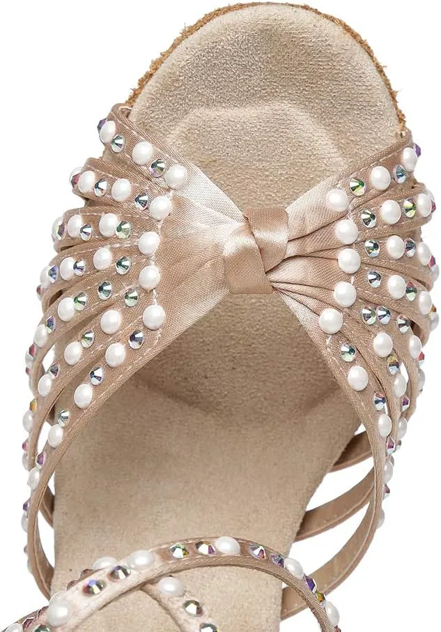 JUODVMP Women Rhinestone Ballroom Dance Shoes Latin Satin Salsa Performance Dance Shoes Model YCL429