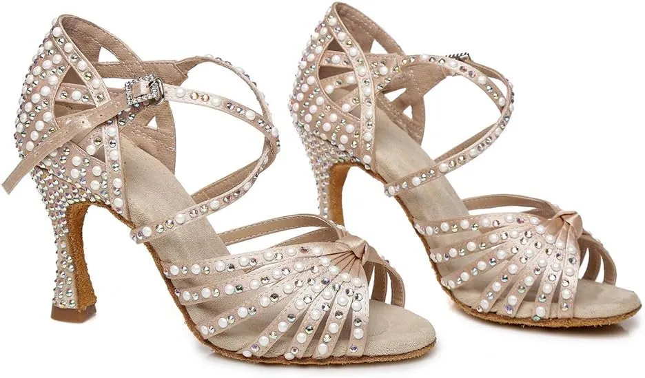 JUODVMP Women Rhinestone Ballroom Dance Shoes Latin Satin Salsa Performance Dance Shoes Model YCL429