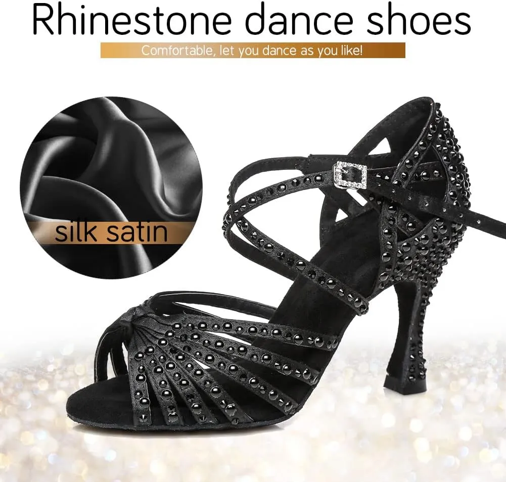 JUODVMP Women Rhinestone Ballroom Dance Shoes Latin Satin Salsa Performance Dance Shoes Model YCL429