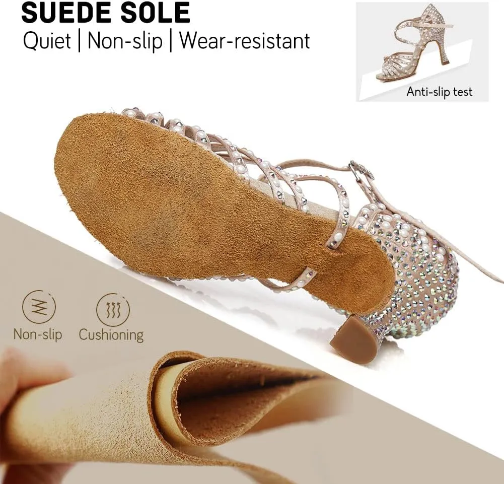 JUODVMP Women Rhinestone Ballroom Dance Shoes Latin Satin Salsa Performance Dance Shoes Model YCL429