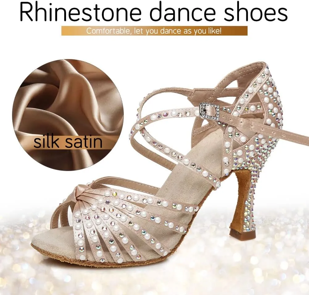 JUODVMP Women Rhinestone Ballroom Dance Shoes Latin Satin Salsa Performance Dance Shoes Model YCL429