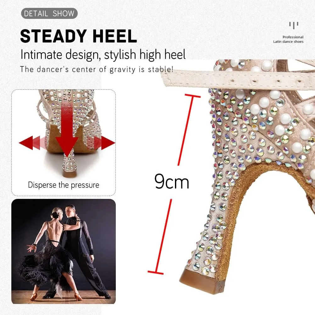 JUODVMP Women Rhinestone Ballroom Dance Shoes Latin Satin Salsa Performance Dance Shoes Model YCL429