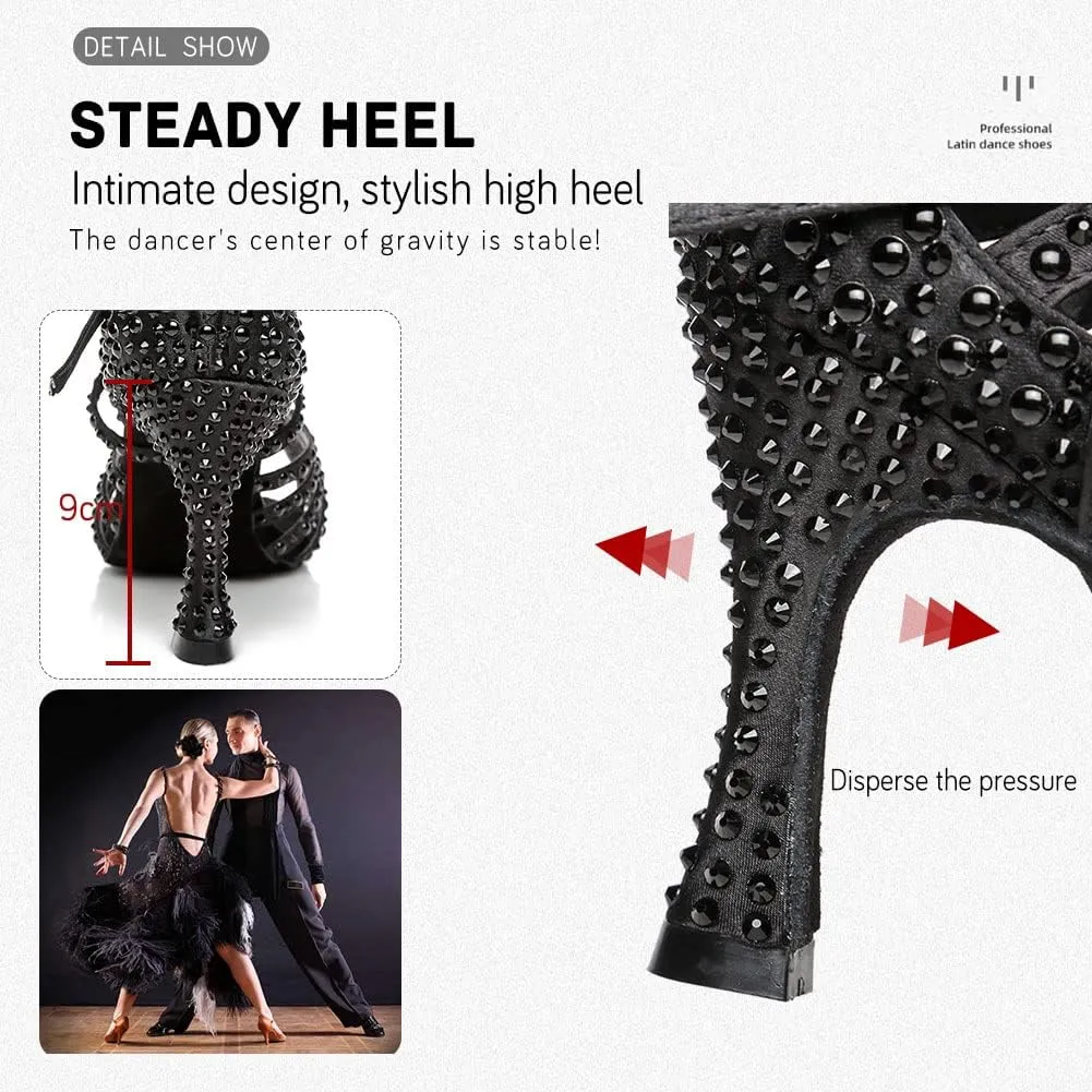 JUODVMP Women Rhinestone Ballroom Dance Shoes Latin Satin Salsa Performance Dance Shoes Model YCL429
