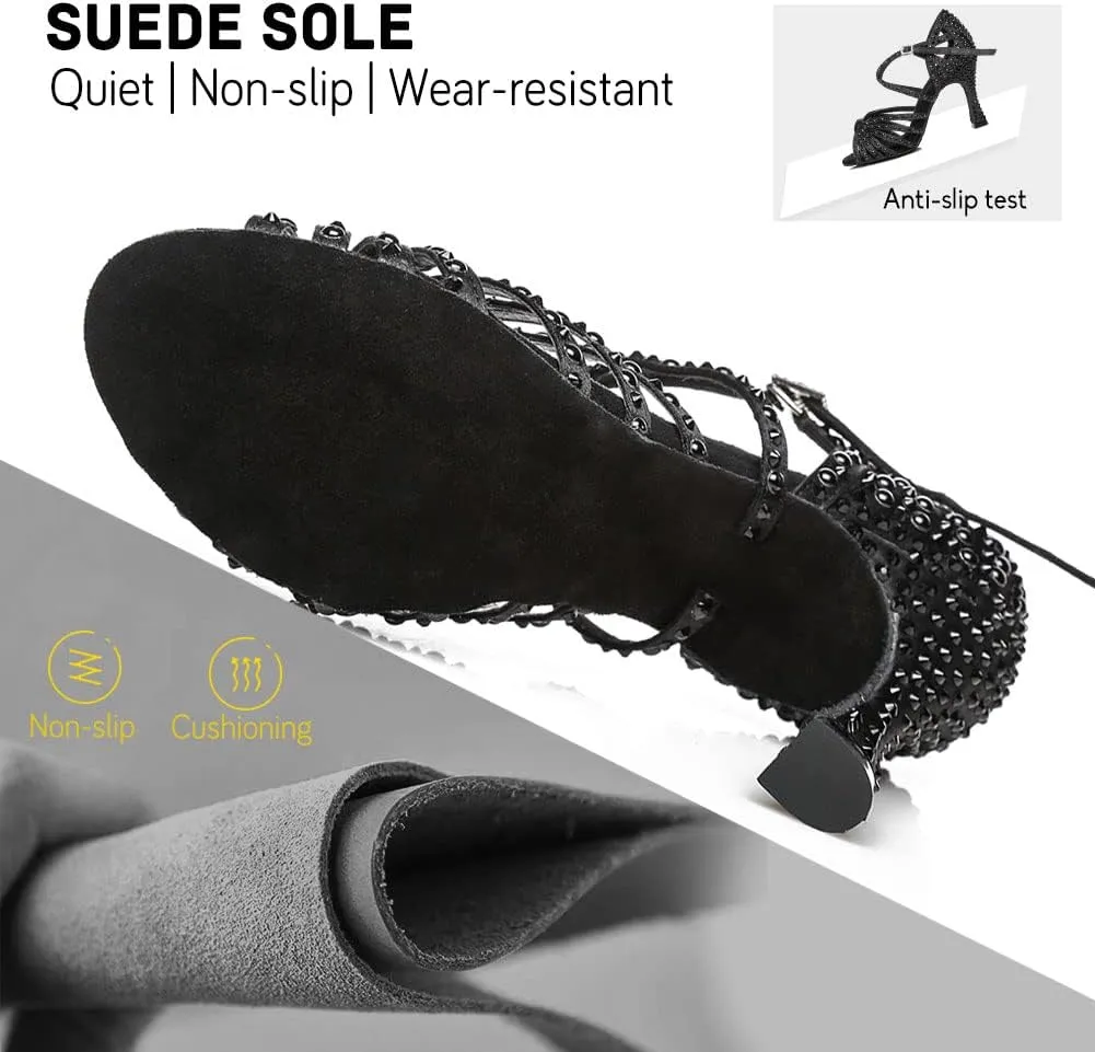 JUODVMP Women Rhinestone Ballroom Dance Shoes Latin Satin Salsa Performance Dance Shoes Model YCL429
