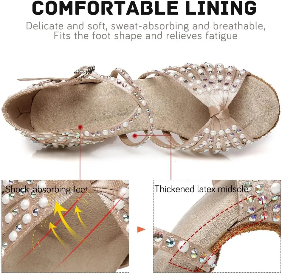 JUODVMP Women Rhinestone Ballroom Dance Shoes Latin Satin Salsa Performance Dance Shoes Model YCL429