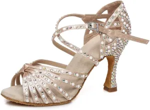 JUODVMP Women Rhinestone Ballroom Dance Shoes Latin Satin Salsa Performance Dance Shoes Model YCL429