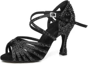 JUODVMP Women Rhinestone Ballroom Dance Shoes Latin Satin Salsa Performance Dance Shoes Model YCL429