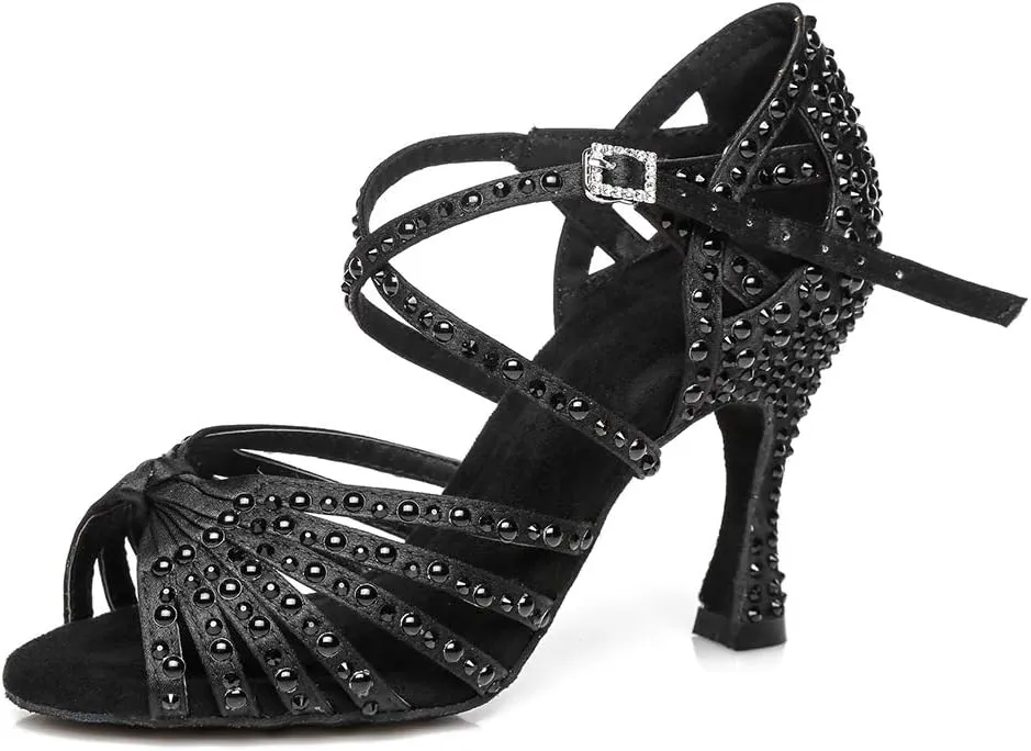 JUODVMP Women Rhinestone Ballroom Dance Shoes Latin Satin Salsa Performance Dance Shoes Model YCL429