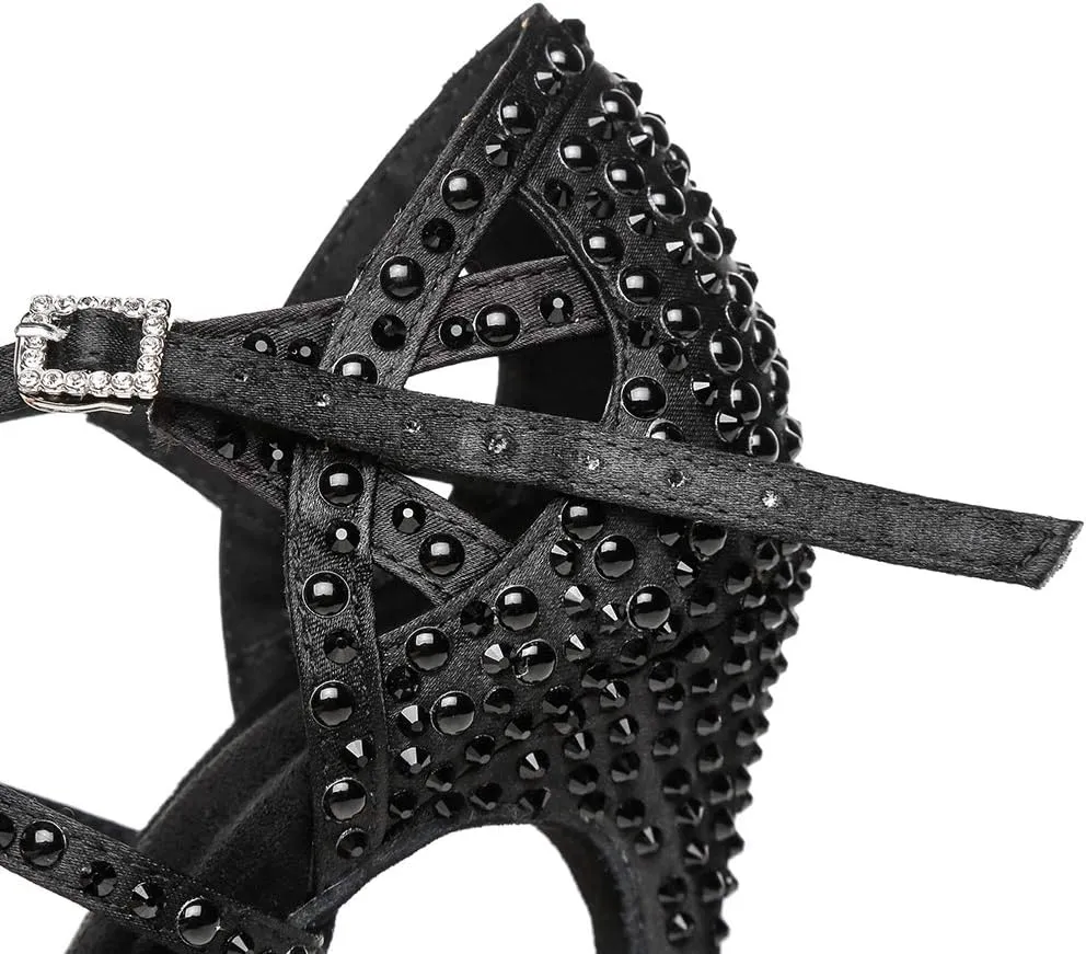 JUODVMP Women Rhinestone Ballroom Dance Shoes Latin Satin Salsa Performance Dance Shoes Model YCL429