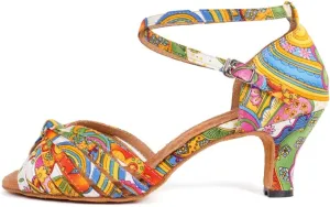 JUODVMP Women's Dance Shoes Colorful Satin Cross-Strap Ballroom Heels Model L354