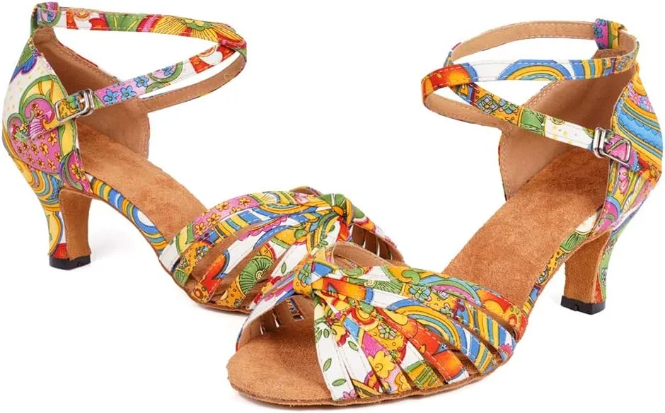 JUODVMP Women's Dance Shoes Colorful Satin Cross-Strap Ballroom Heels Model L354