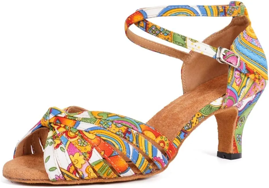 JUODVMP Women's Dance Shoes Colorful Satin Cross-Strap Ballroom Heels Model L354