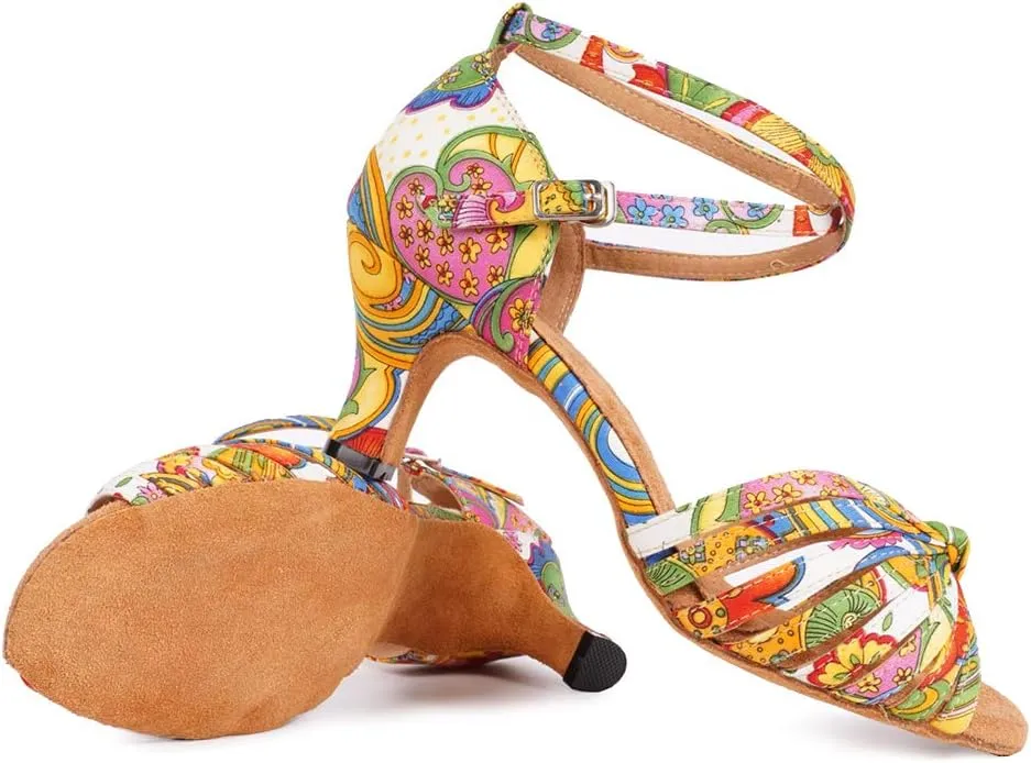 JUODVMP Women's Dance Shoes Colorful Satin Cross-Strap Ballroom Heels Model L354