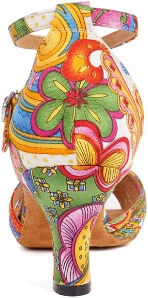 JUODVMP Women's Dance Shoes Colorful Satin Cross-Strap Ballroom Heels Model L354