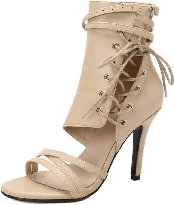 JUODVMP Womens Open Toe Side Lace Up Tall Leather Jazz High Heels Model DS-F019