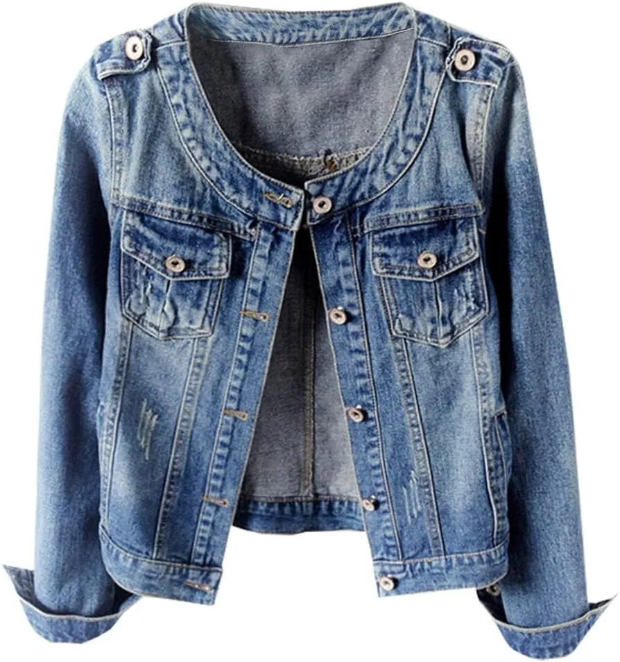 Kedera Women's Denim Jacket Button Down Collarless Long Sleeve Washed Cute Jean Jackets