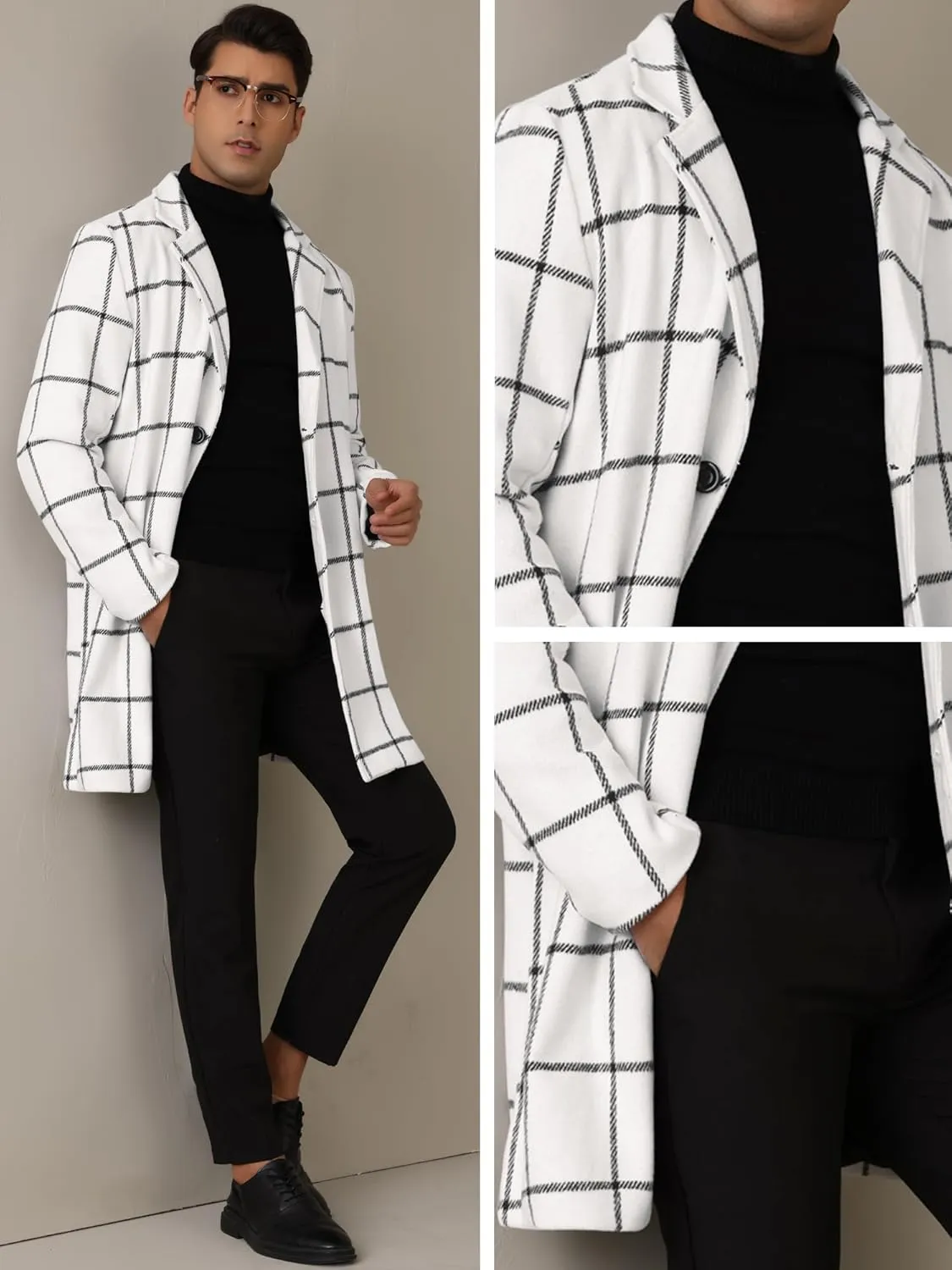 Lars Amadeus Plaid Coat for Men's Color Block Single Breasted Winter Checked Overcoat