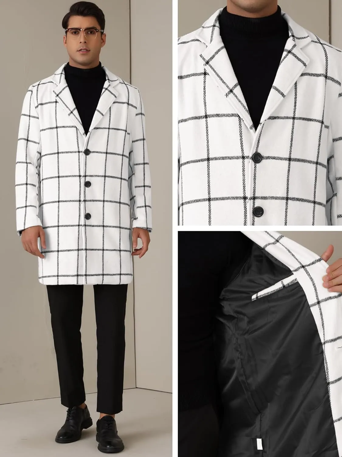 Lars Amadeus Plaid Coat for Men's Color Block Single Breasted Winter Checked Overcoat