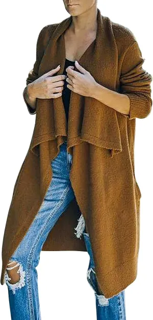 Lazy V-Neck Oversize Long Sweater Cardigans Jacket Coat Women Outwear Open Front Long Sleeve Dusters with Pockets