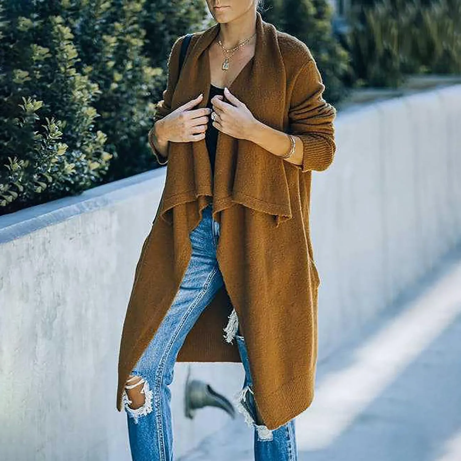 Lazy V-Neck Oversize Long Sweater Cardigans Jacket Coat Women Outwear Open Front Long Sleeve Dusters with Pockets