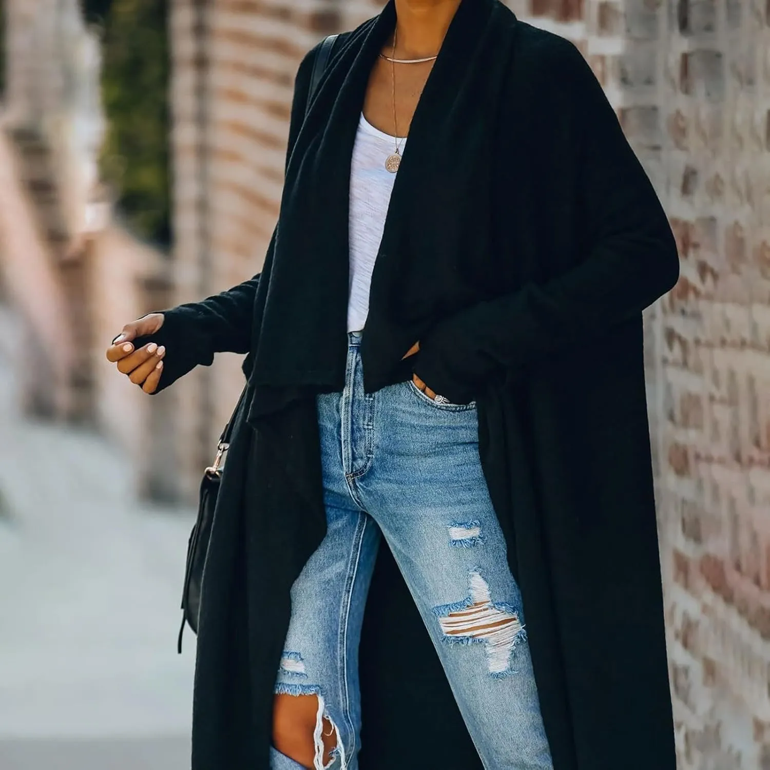 Lazy V-Neck Oversize Long Sweater Cardigans Jacket Coat Women Outwear Open Front Long Sleeve Dusters with Pockets