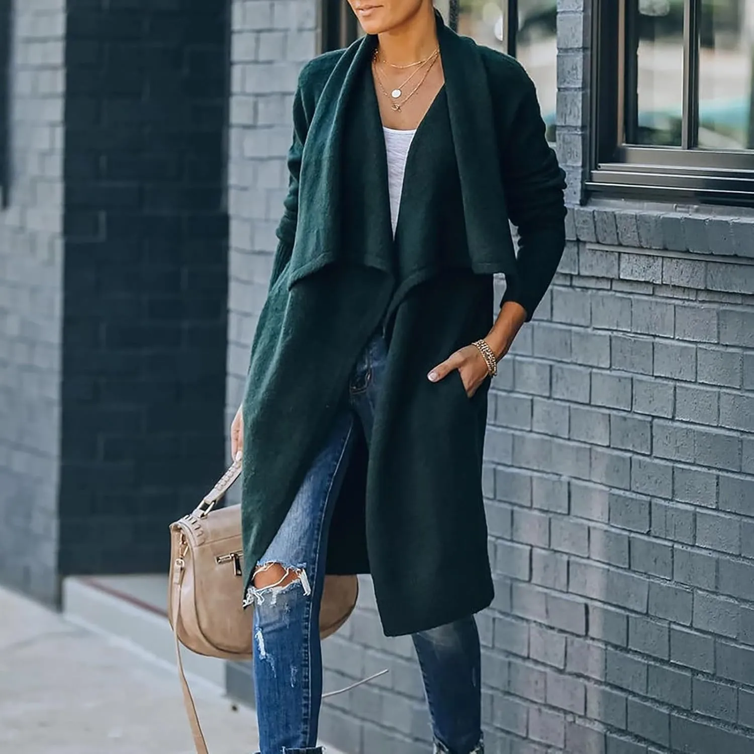 Lazy V-Neck Oversize Long Sweater Cardigans Jacket Coat Women Outwear Open Front Long Sleeve Dusters with Pockets