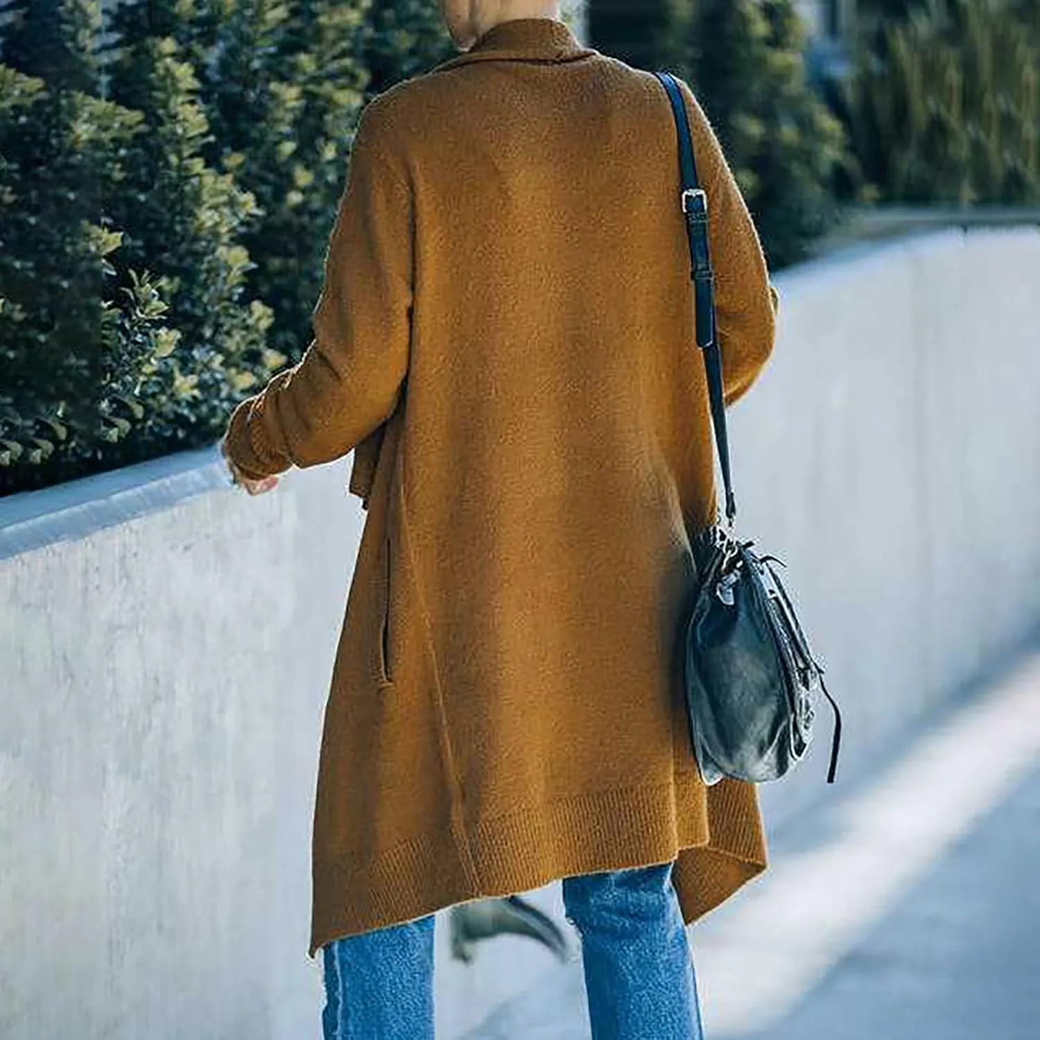 Lazy V-Neck Oversize Long Sweater Cardigans Jacket Coat Women Outwear Open Front Long Sleeve Dusters with Pockets