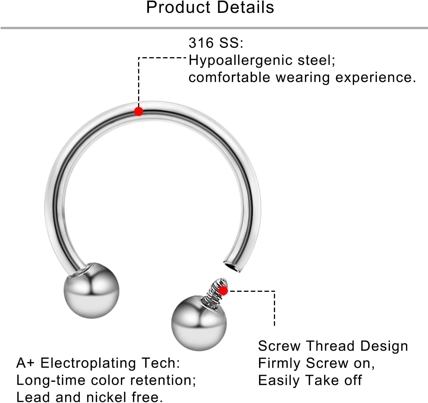 Lcolyoli 16g Septum Rings Internally Threaded Surgical Steel Septum Jewelry Lip Rings Hoop Labret Jewelry Horseshoe Earrings Daith Piercing Jewelry for Women Men