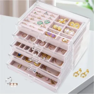 LEICHTEN Jewelry Boxes & Organizers with 5 Drawers,Acrylic Clear Jewelry Earring Necklace Holder Organizers and Storage with Velvet Trays,Jewelry Boxes for WomenGirls,Pink