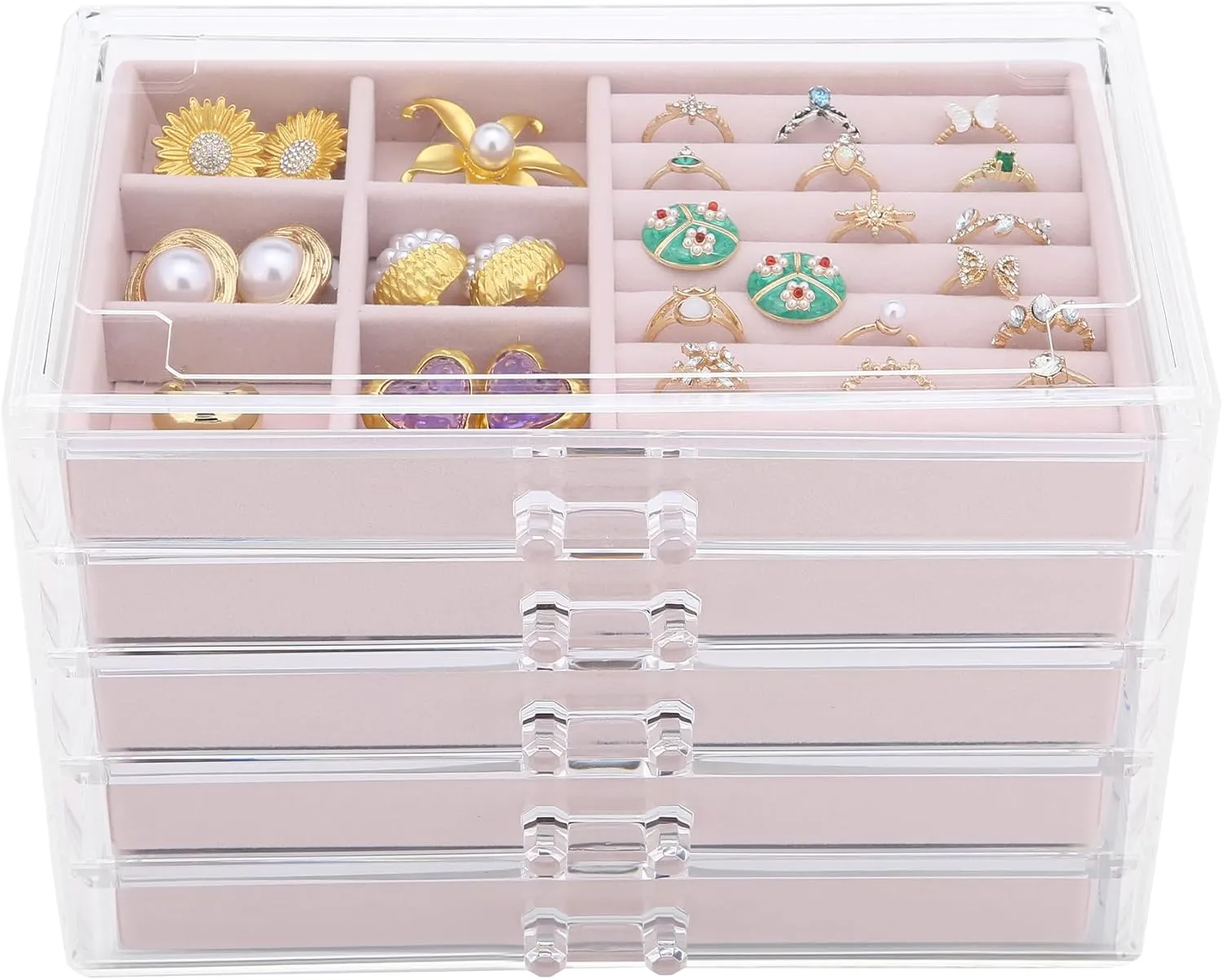 LEICHTEN Jewelry Boxes & Organizers with 5 Drawers,Acrylic Clear Jewelry Earring Necklace Holder Organizers and Storage with Velvet Trays,Jewelry Boxes for WomenGirls,Pink