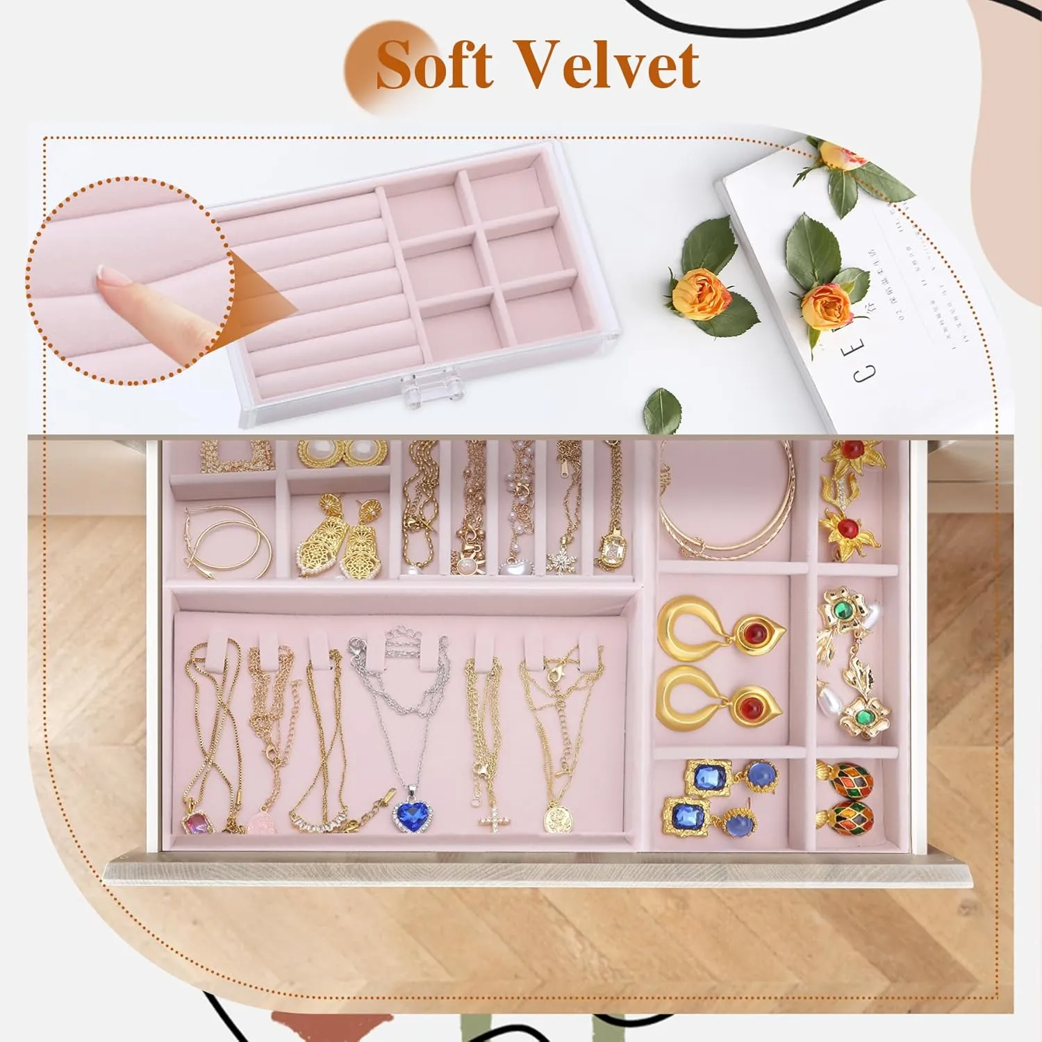 LEICHTEN Jewelry Boxes & Organizers with 5 Drawers,Acrylic Clear Jewelry Earring Necklace Holder Organizers and Storage with Velvet Trays,Jewelry Boxes for WomenGirls,Pink
