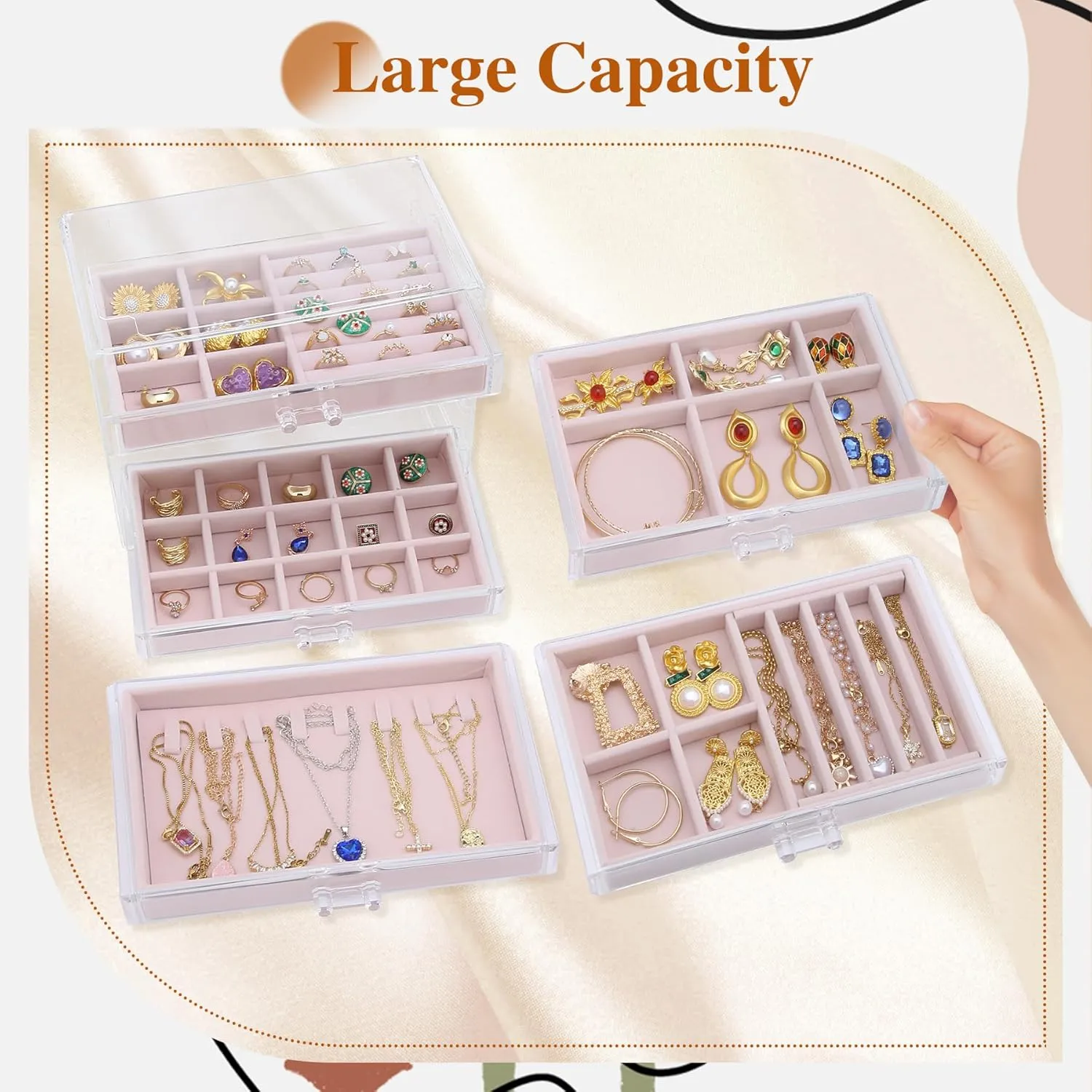 LEICHTEN Jewelry Boxes & Organizers with 5 Drawers,Acrylic Clear Jewelry Earring Necklace Holder Organizers and Storage with Velvet Trays,Jewelry Boxes for WomenGirls,Pink