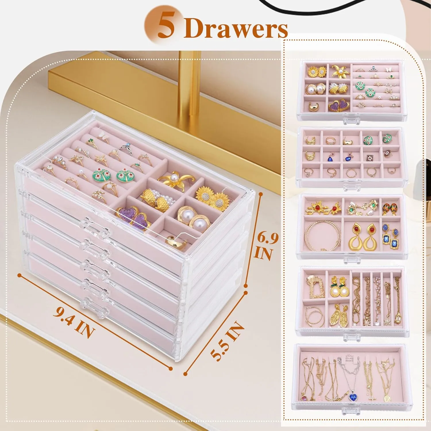 LEICHTEN Jewelry Boxes & Organizers with 5 Drawers,Acrylic Clear Jewelry Earring Necklace Holder Organizers and Storage with Velvet Trays,Jewelry Boxes for WomenGirls,Pink