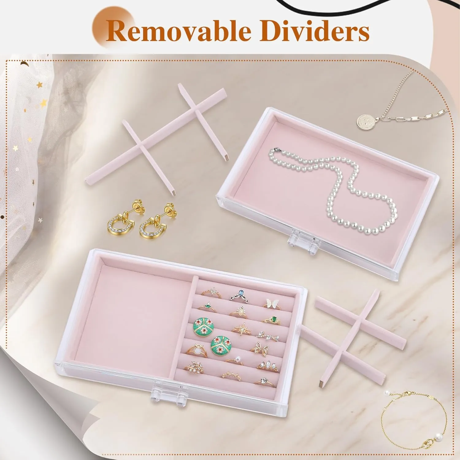LEICHTEN Jewelry Boxes & Organizers with 5 Drawers,Acrylic Clear Jewelry Earring Necklace Holder Organizers and Storage with Velvet Trays,Jewelry Boxes for WomenGirls,Pink