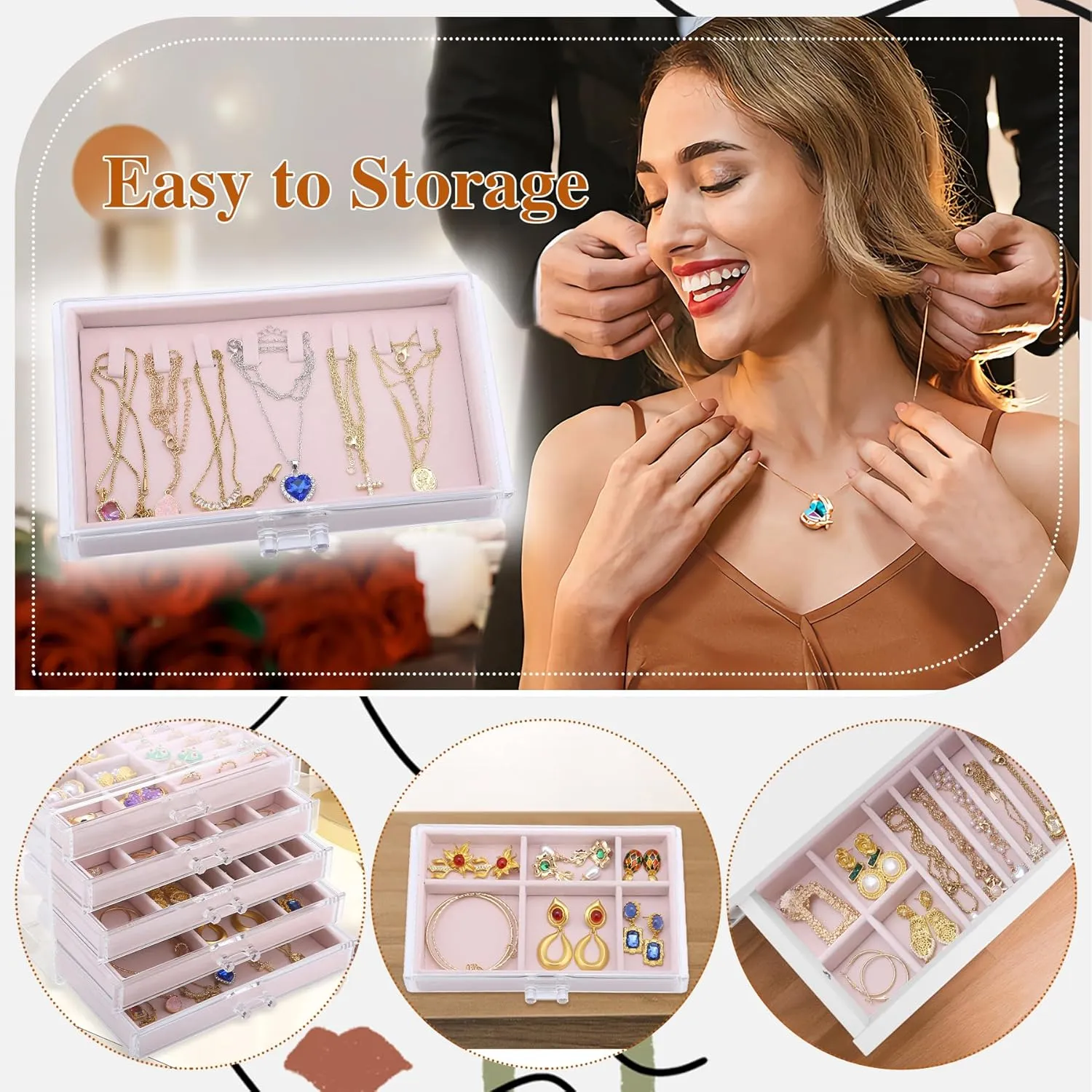 LEICHTEN Jewelry Boxes & Organizers with 5 Drawers,Acrylic Clear Jewelry Earring Necklace Holder Organizers and Storage with Velvet Trays,Jewelry Boxes for WomenGirls,Pink