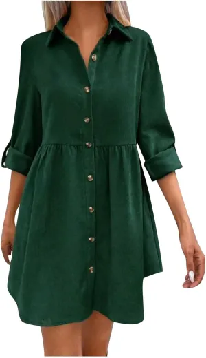 LEMONONSTORE Women Casual Button Down Lapel Flared T Shirt Dress Summer Roll-Up Sleeve Ruffle Flowy Mini Dresses Daily Wear