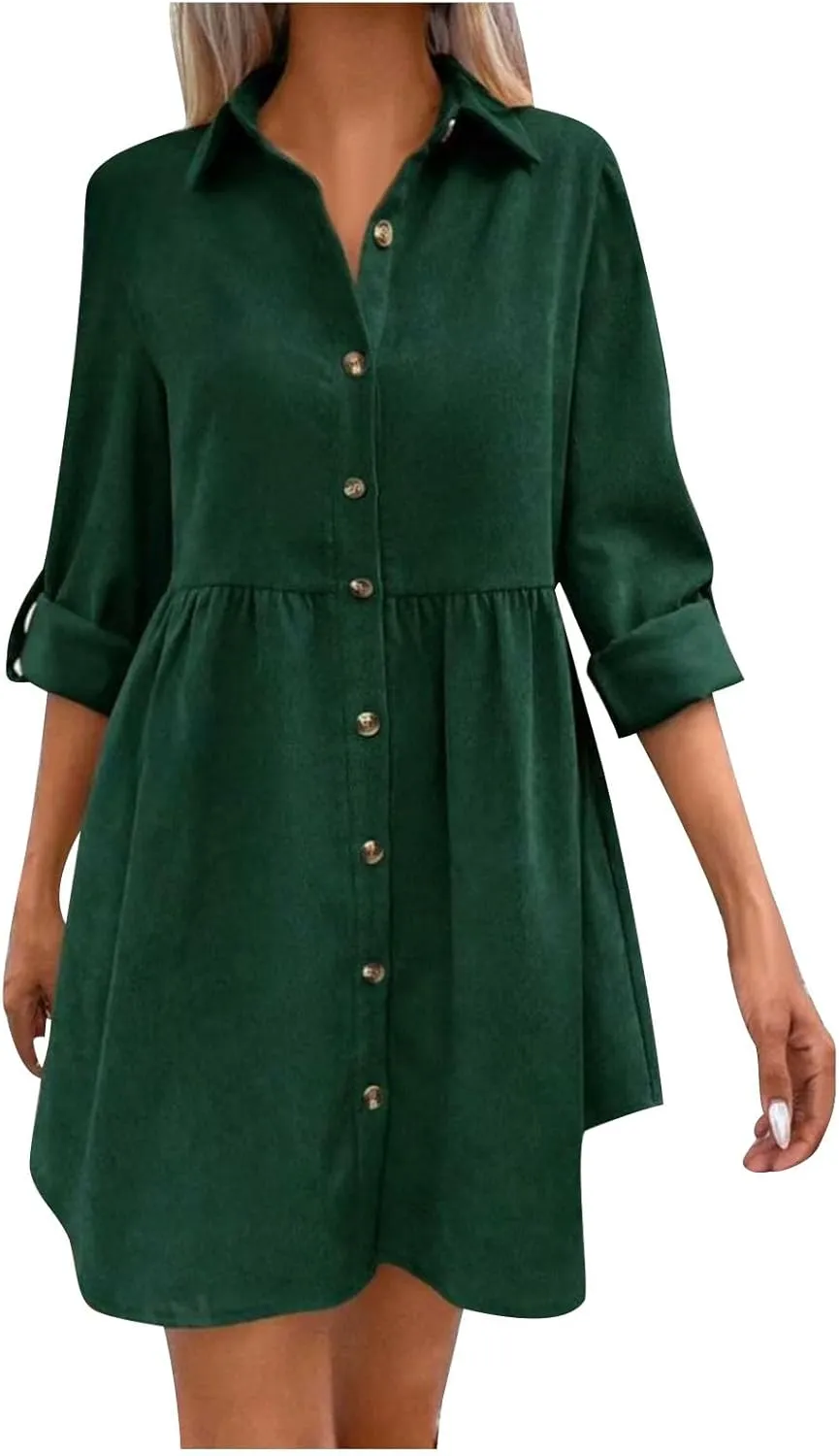 LEMONONSTORE Women Casual Button Down Lapel Flared T Shirt Dress Summer Roll-Up Sleeve Ruffle Flowy Mini Dresses Daily Wear
