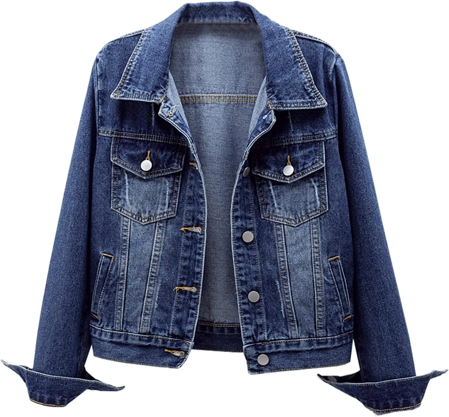 LifeShe Women's Basic Long Sleeve Button Down Distressed Denim Jackets Jean Jacket Coat