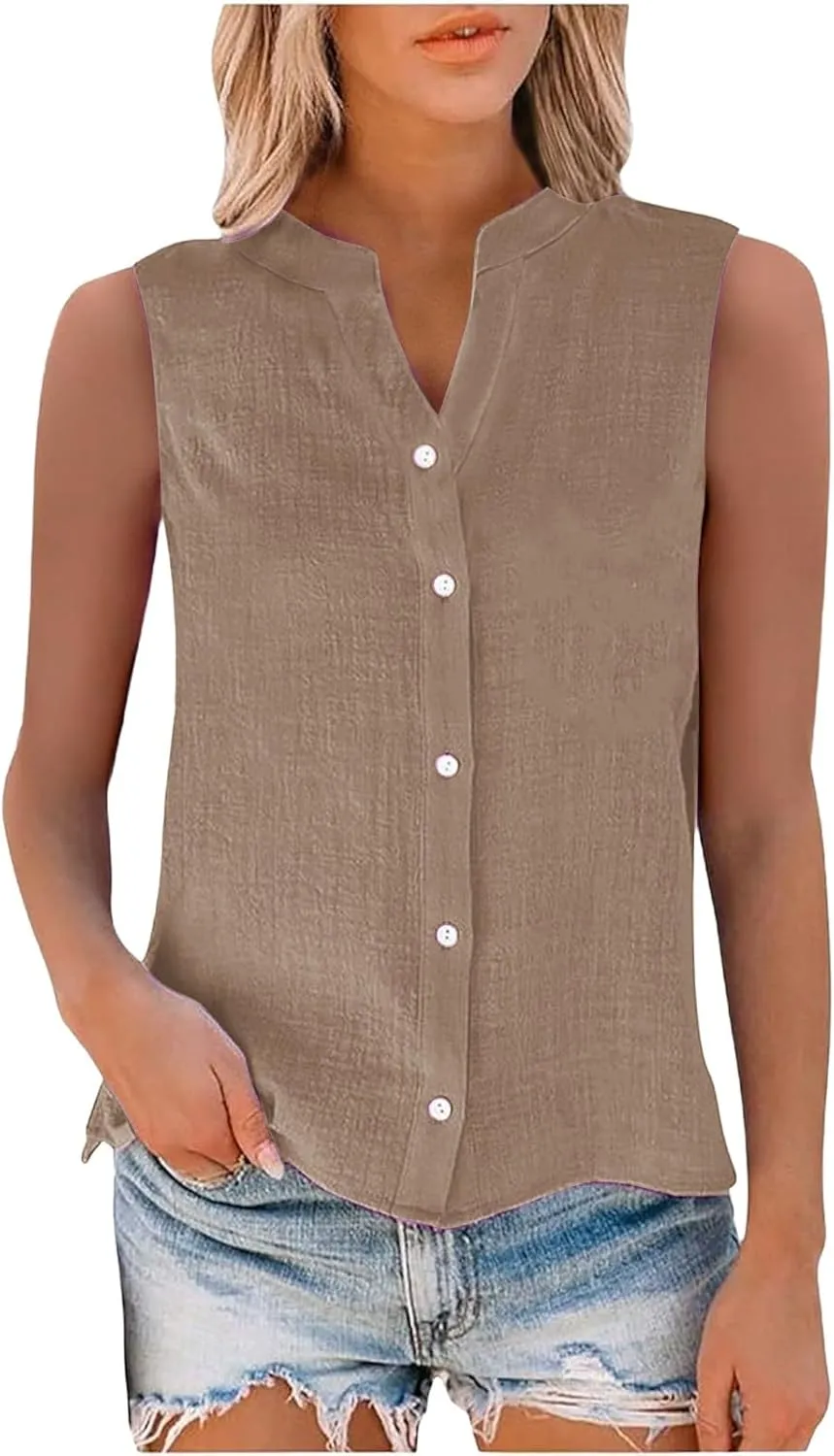 Linen Blend Tops for Women Button Down Sleeveless V Neck Plus Size Linen Shirts Summer Casual Trendy Work Blouses
