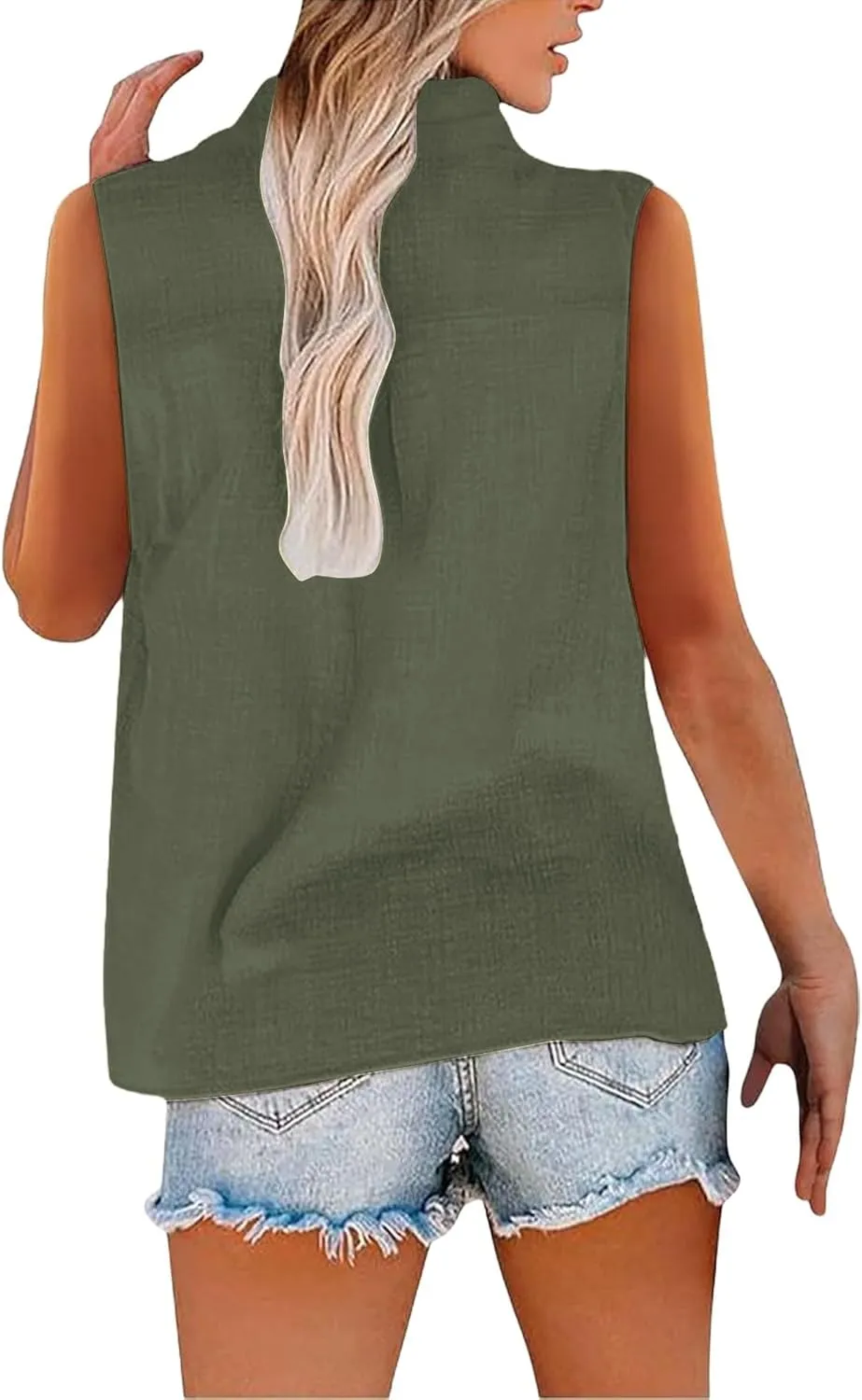 Linen Blend Tops for Women Button Down Sleeveless V Neck Plus Size Linen Shirts Summer Casual Trendy Work Blouses