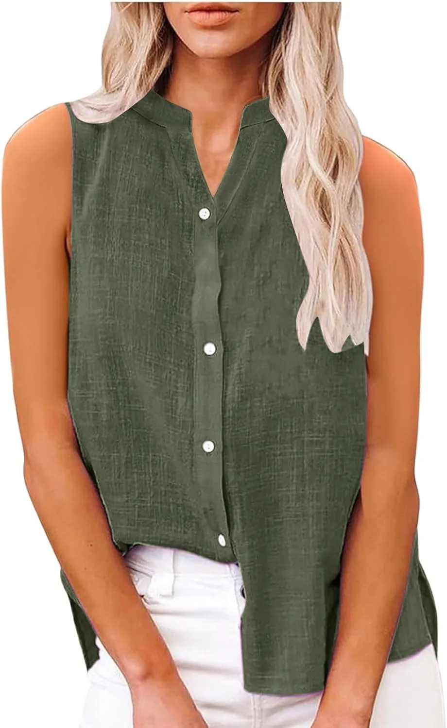 Linen Blend Tops for Women Button Down Sleeveless V Neck Plus Size Linen Shirts Summer Casual Trendy Work Blouses