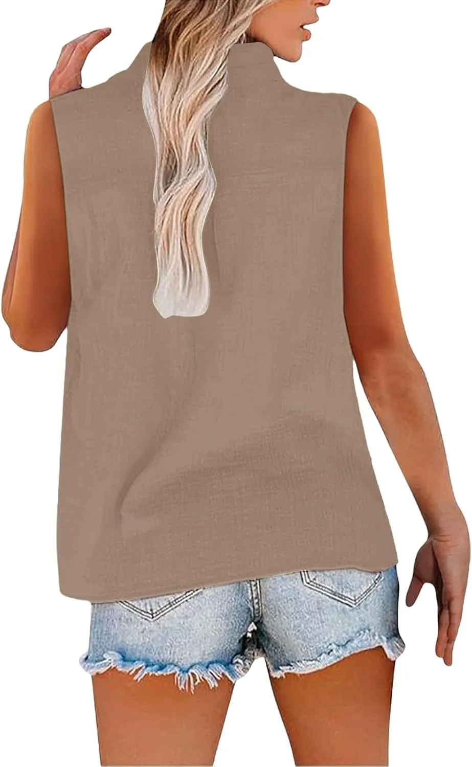 Linen Blend Tops for Women Button Down Sleeveless V Neck Plus Size Linen Shirts Summer Casual Trendy Work Blouses