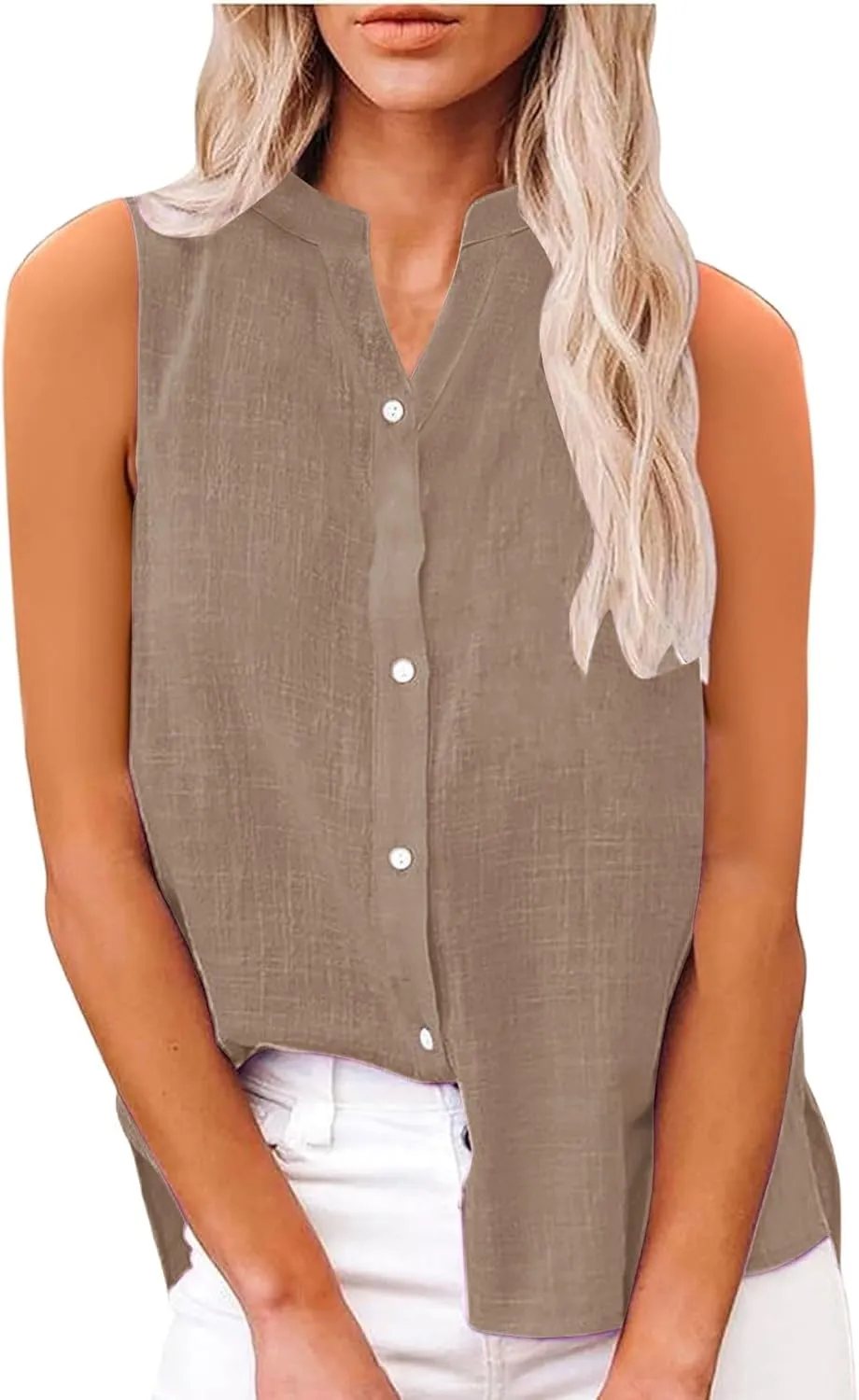 Linen Blend Tops for Women Button Down Sleeveless V Neck Plus Size Linen Shirts Summer Casual Trendy Work Blouses