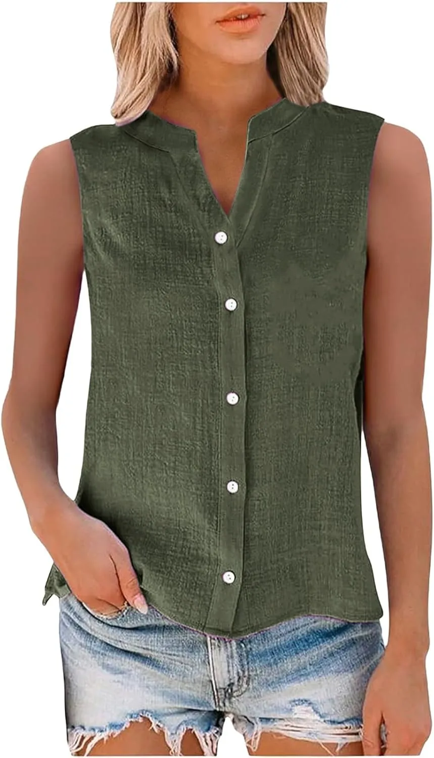 Linen Blend Tops for Women Button Down Sleeveless V Neck Plus Size Linen Shirts Summer Casual Trendy Work Blouses