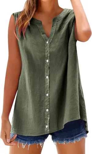 Linen Blend Tops for Women Button Down Sleeveless V Neck Plus Size Linen Shirts Summer Casual Trendy Work Blouses