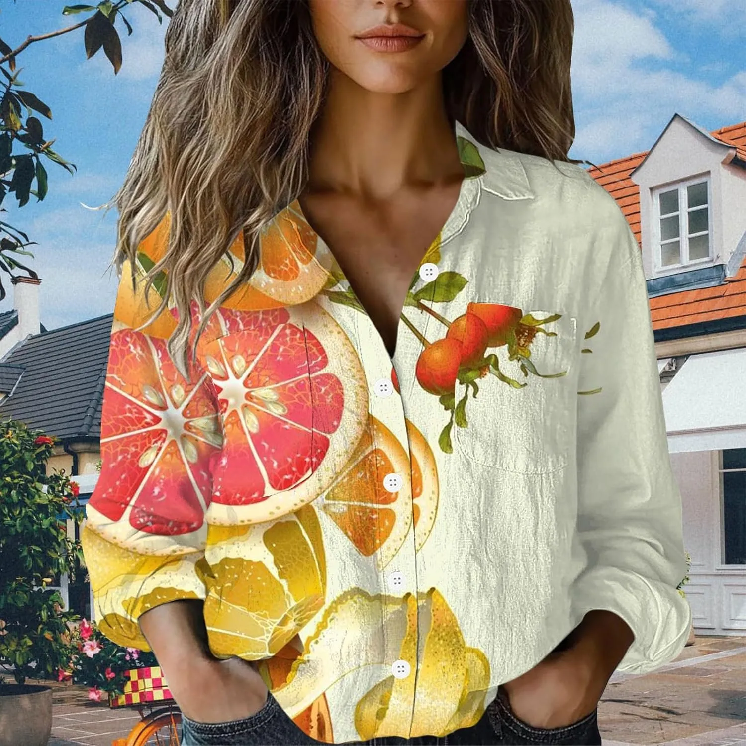 Linen Boho Floral Shirts for Women Long Sleeve Button Down V Neck Ethnic Tops Casual Blouse Summer Vintage Shirts