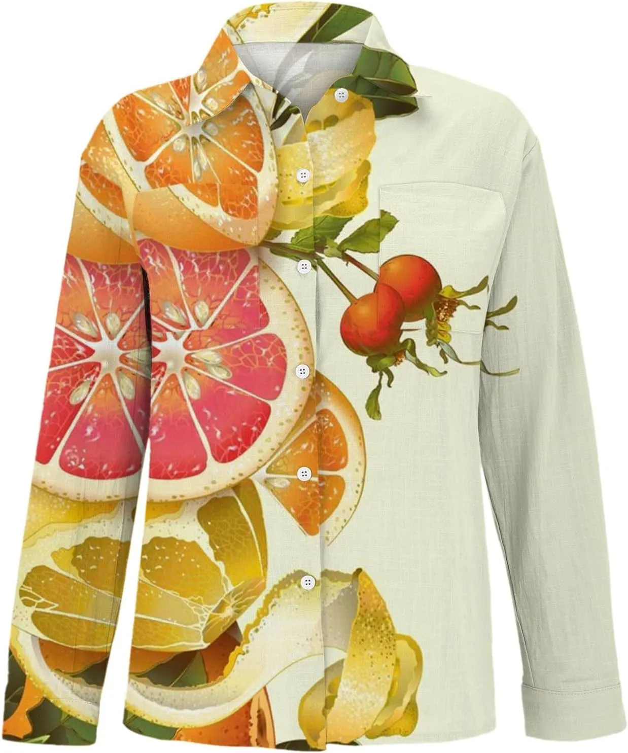 Linen Boho Floral Shirts for Women Long Sleeve Button Down V Neck Ethnic Tops Casual Blouse Summer Vintage Shirts