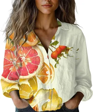 Linen Boho Floral Shirts for Women Long Sleeve Button Down V Neck Ethnic Tops Casual Blouse Summer Vintage Shirts