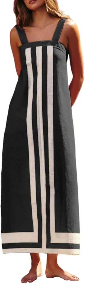 Linen Dresses for Women 2025 Color Block Summer Sun Dresses Beach Vacation Sleeveless Spaghetti Strap Maxi Dress